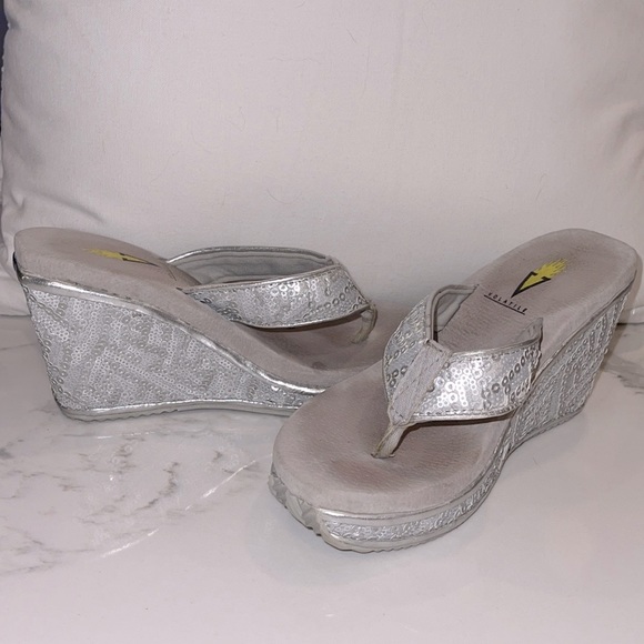 Volatile Silver Sequined Wedge Flip Flop